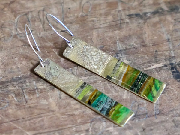 Long Brass, Collage and Resin Abstract Landscape Earrings