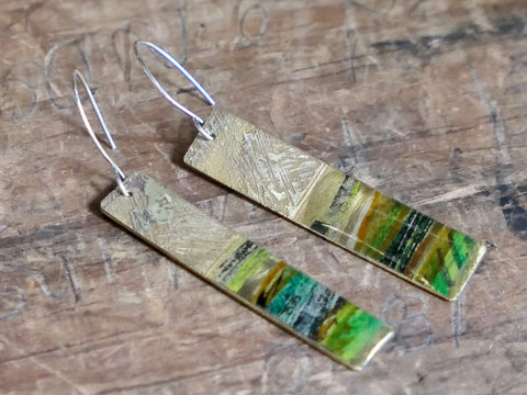 Long Brass, Collage and Resin Abstract Landscape Earrings