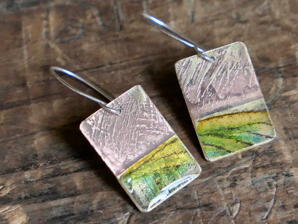 Medium Brass, Collage and Resin Abstract Landscape Earrings