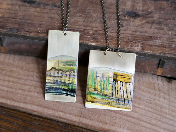 Large Brass, Collage and Resin Abstract Landscape Pendant