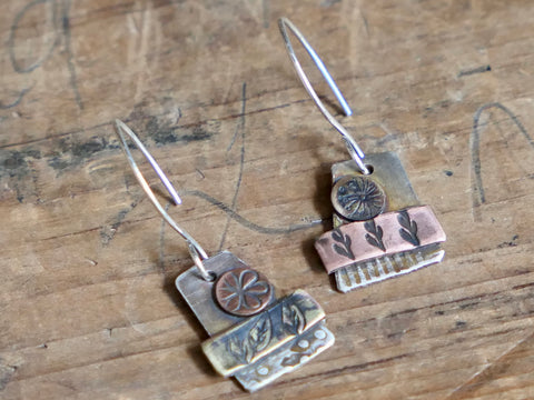 Mismatched Silver Brass and Copper Garden Earrings