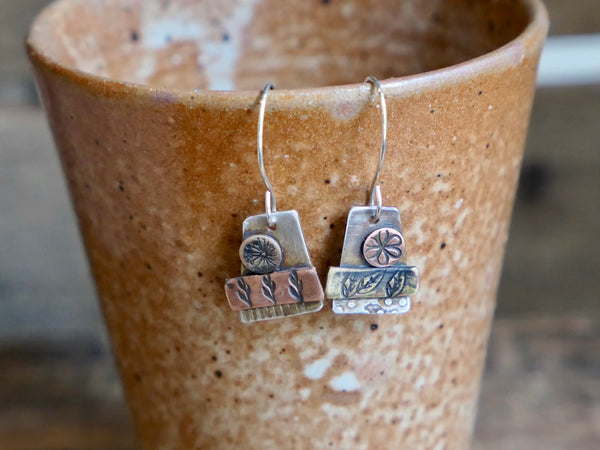 Mismatched Silver Brass and Copper Garden Earrings