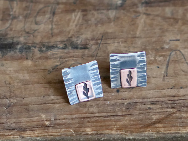 Square Silver Studs with Copper Detail and Mismatched Leaf Stamp