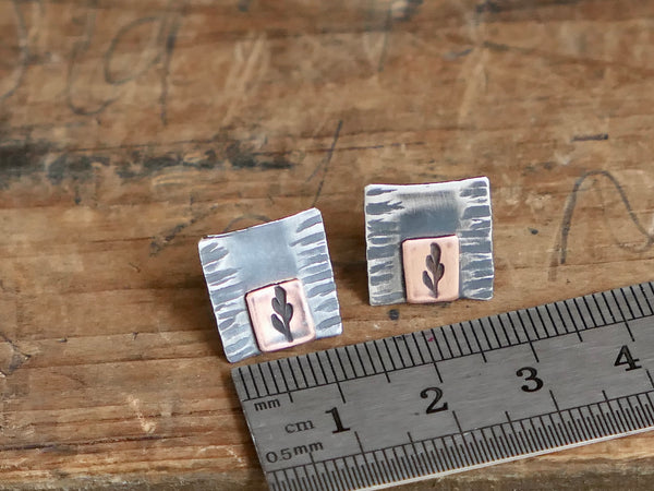 Square Silver Studs with Copper Detail and Mismatched Leaf Stamp