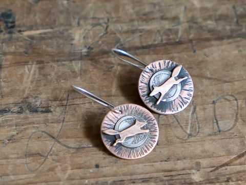 Round, Brass, Sterling Silver,  and Red Bronze Fox Earrings