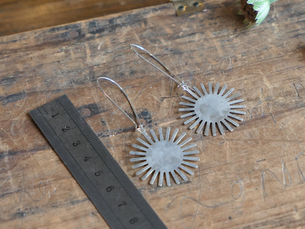 Solar Gunmetal Silver Tone Hammered Sun Earrings