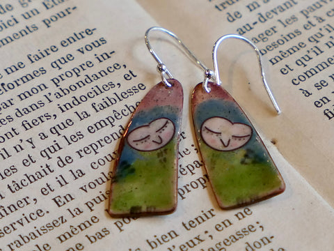 Long Green and Blue Sleepy Owl Earrings