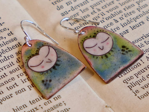 Green and Blue Sleepy Owl Earrings