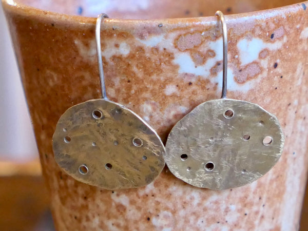 Eroded Brass and Eco Silver Pebble Earrings