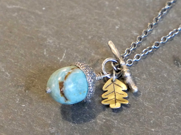 Medium Acorn Necklace with Peruvian Blue Opal and Brass Oak Leaf