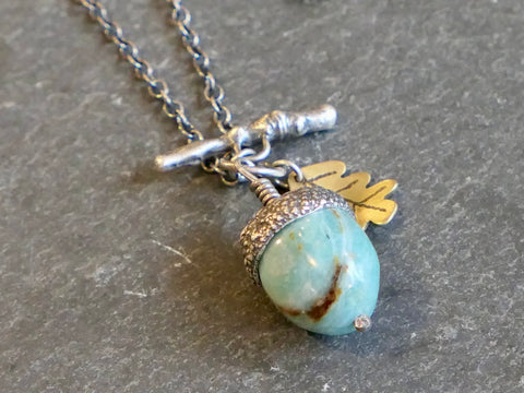 Medium Acorn Necklace with Peruvian Blue Opal and Brass Oak Leaf