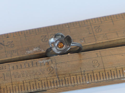 New Old Stock Oxidised Silver Flower Ring with Citrine